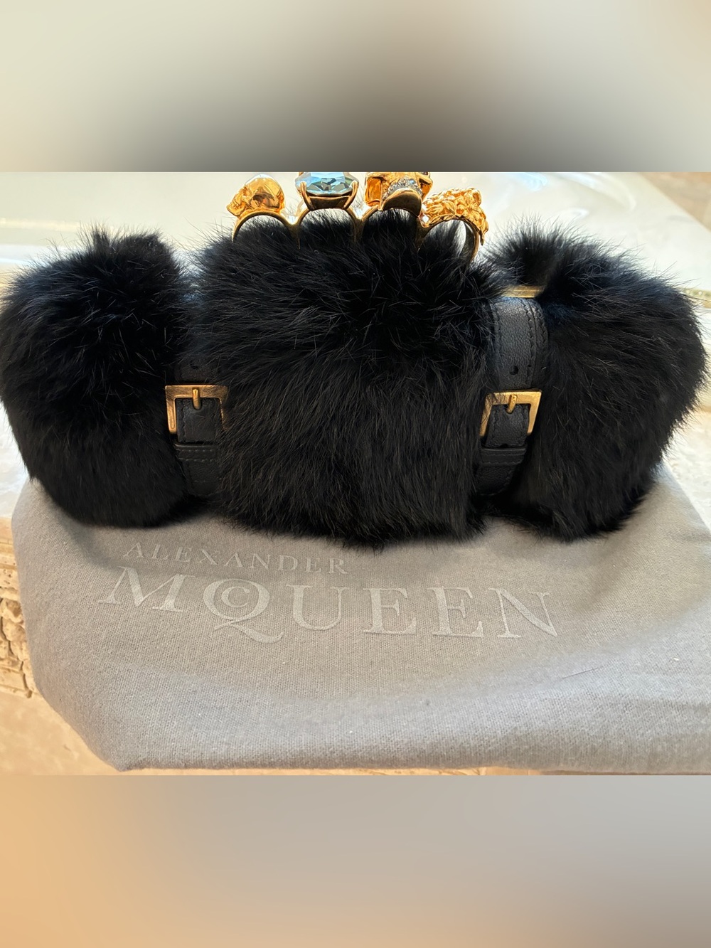 Alexander McQueen Black Fur Knuckle-Embellished Clutch with Gold Hardware